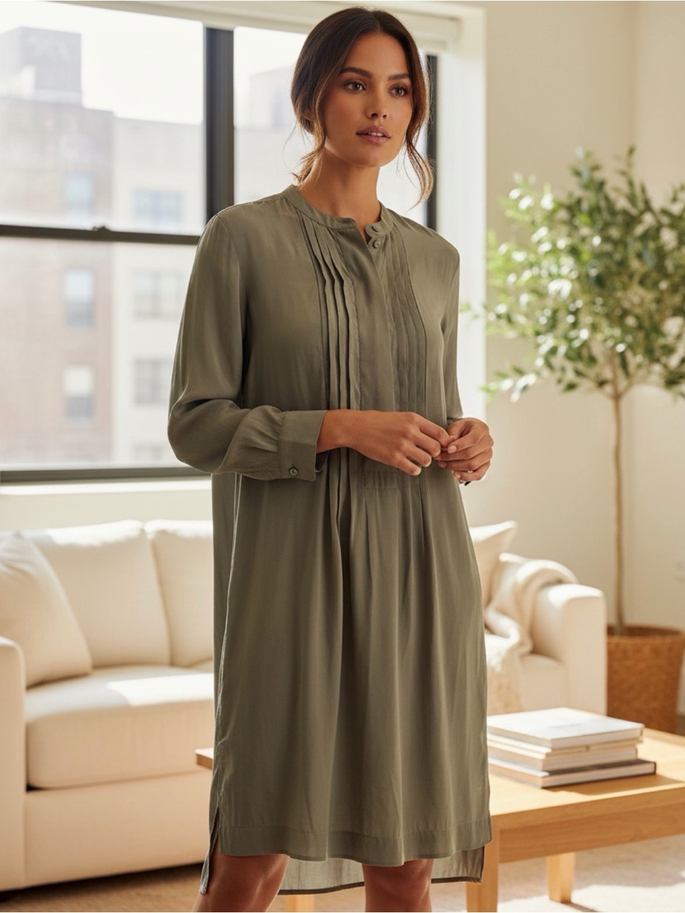 Madewell Olive Green Pleated Tunic Dress